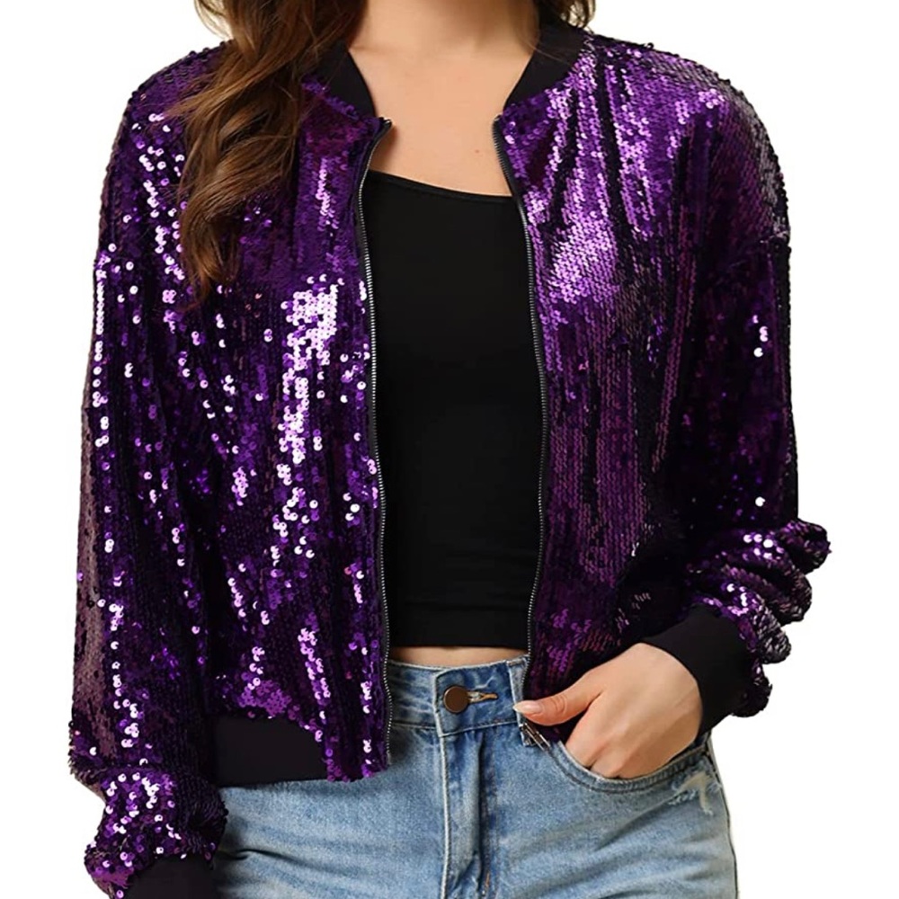 Allegra K, Women’s Size Small, Purple Sequin Zip-up Bomber Jacket